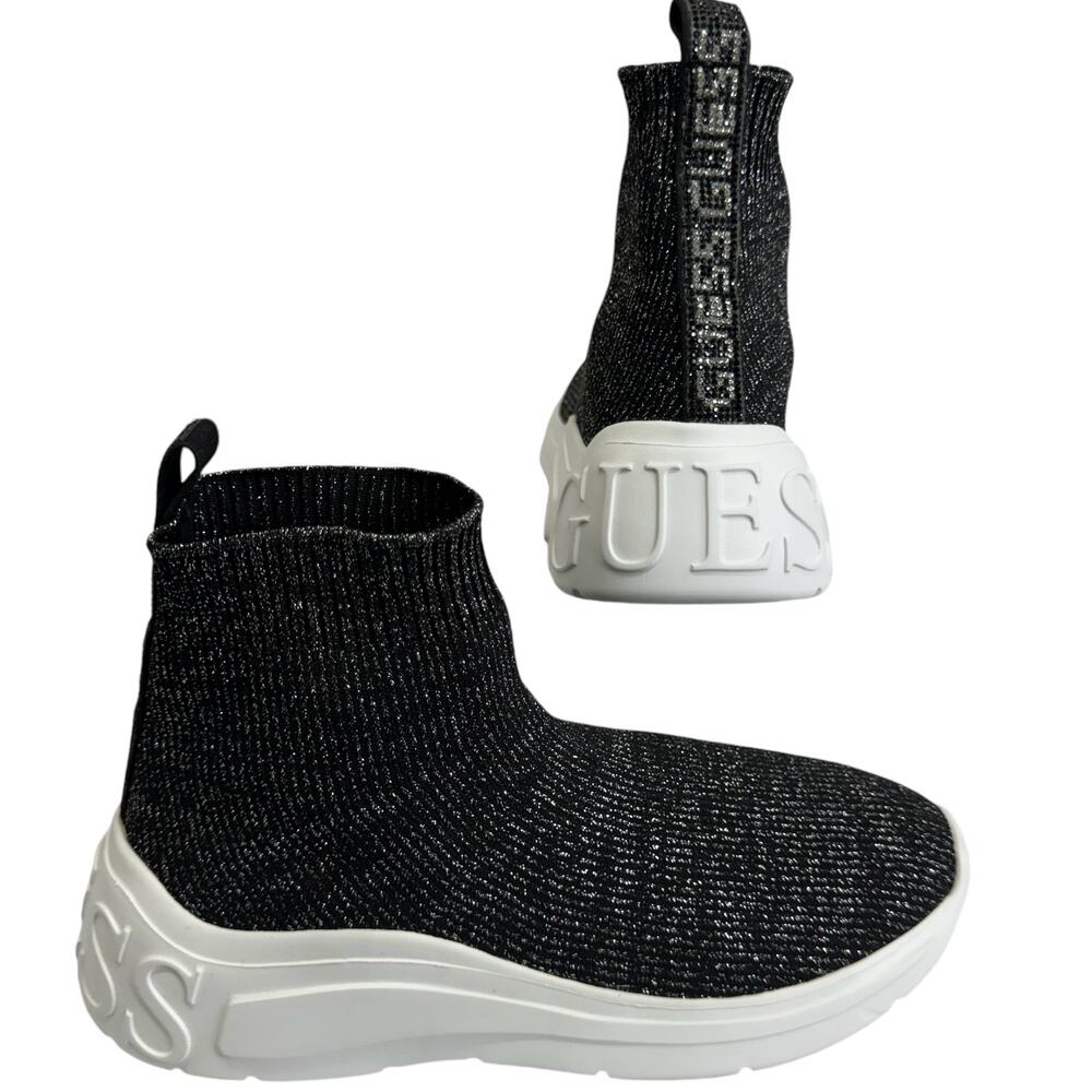 Guess Sindera Shimmer Sock Sneakers Size 7.5 M Black Silver